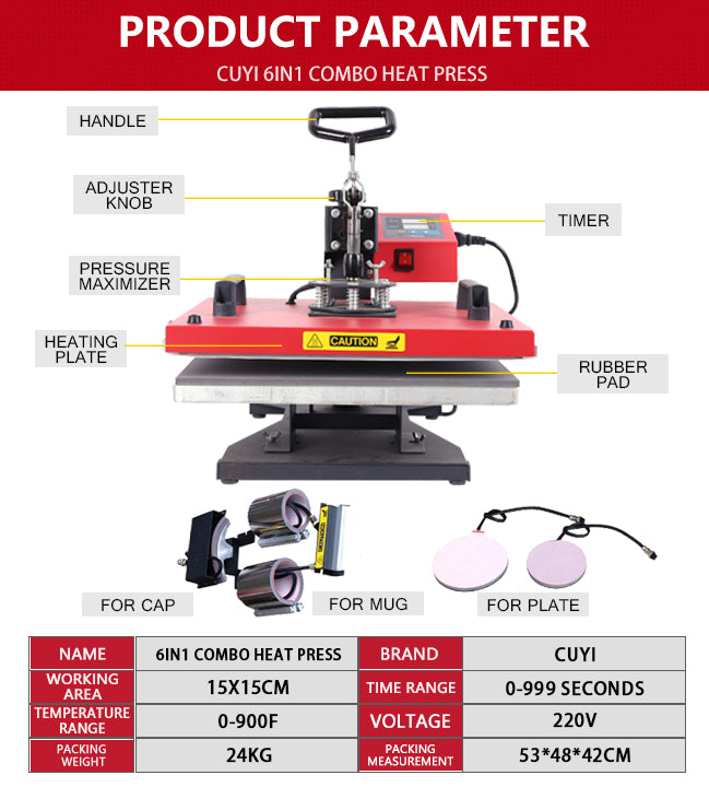 CUYI 6in1 Combo Multi-Functional Heat Press Machine