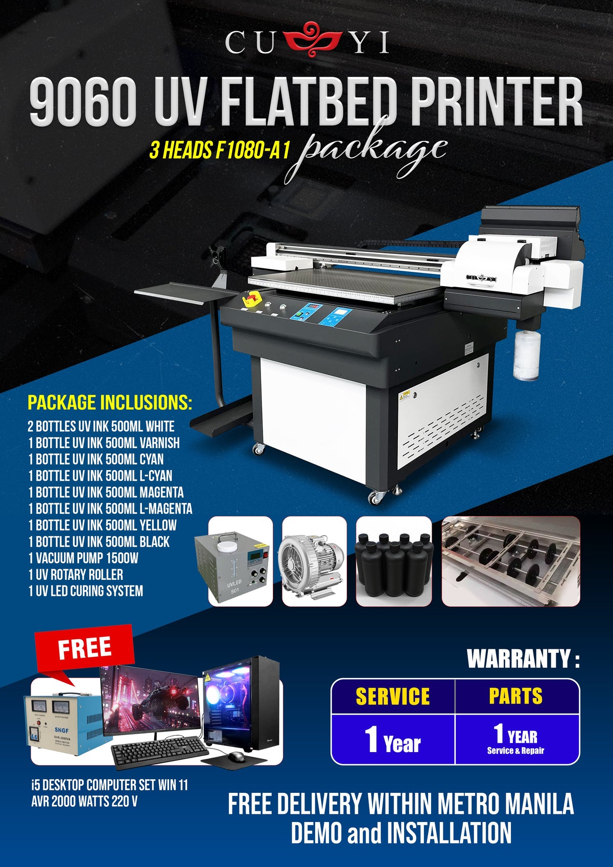 CUYI 9060 UV Flatbed Printer 3 HEADS F1080-A1